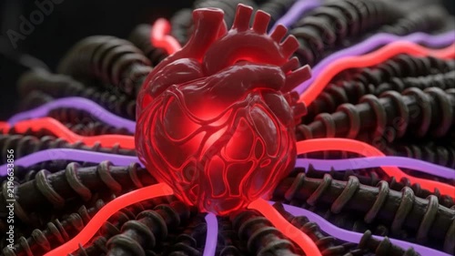 High-angle close-up of pulsating biomechanical crimson heart connected to ribbed industrial cables