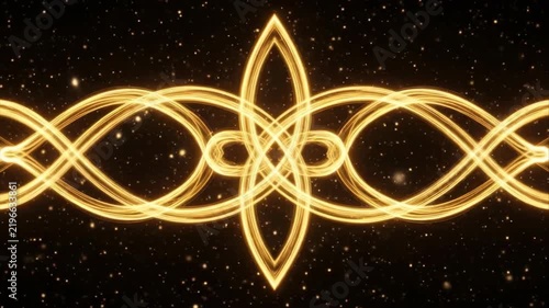 Symmetrical golden thread knotwork pattern with floating micro particles against dark backdrop