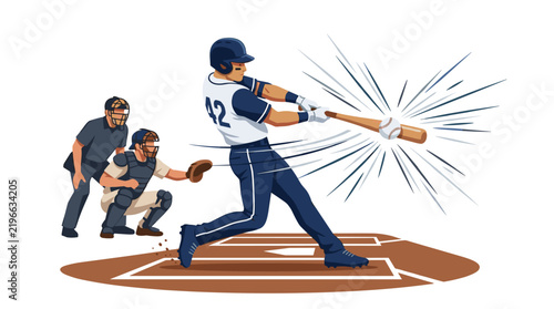 Baseball Batter's Swing: An animated illustration captures a baseball batter in mid-swing, making powerful contact with the ball, while the catcher and umpire watch intently from behind home plate.