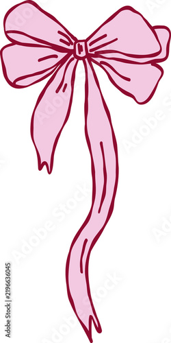 Hand drawn pink bow with dark pink outline isolated on white background simple graphic illustration for decoration and design