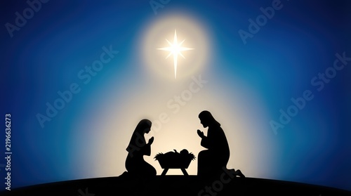 Nativity Scene Silhouette: Holy Family Adoring Baby Jesus Under Star of Bethlehem