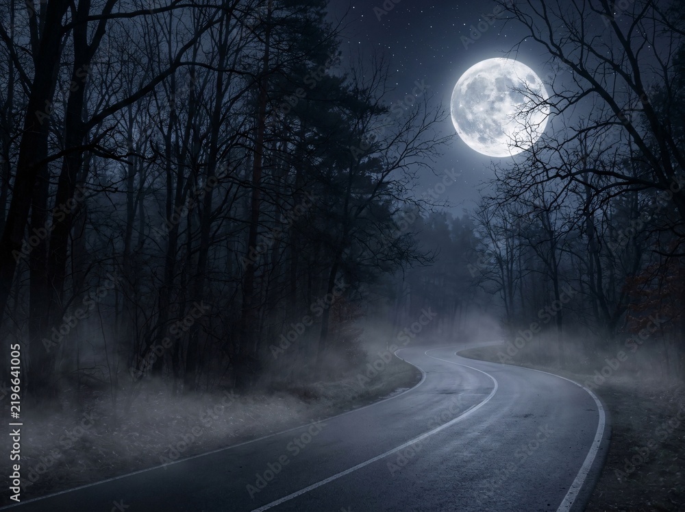 Obraz premium Dark spooky asphalt road winding through misty forest under bright glowing full moon night