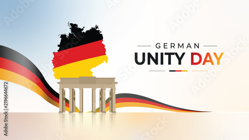 German Unity Day Vector Banner Background with Germany Map Silhouette and Flag Ribbon