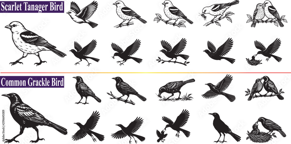Fototapeta premium Common Grackle and Scarlet Tanager Birds Vector Set