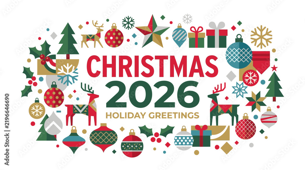 Fototapeta premium Christmas 2026 Holiday Greetings Banner Flat Vector Illustration
