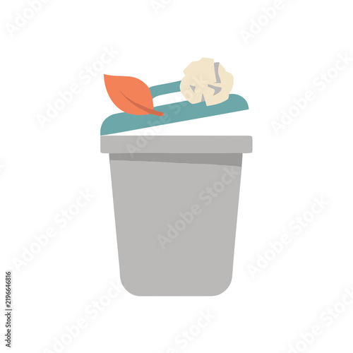 Trash can with leaf and crumpled paper