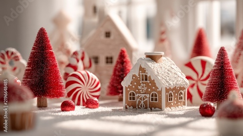 Gingerbread house with Christmas trees and candies on snow