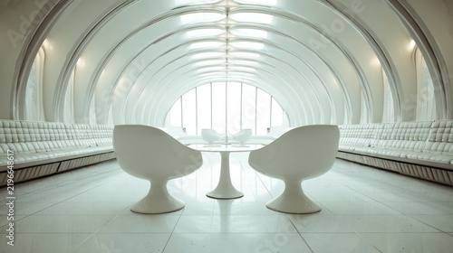 Futuristic white architectural interior with modern seating area