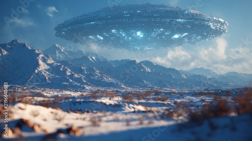 Futuristic spaceship hovers over snowy desert mountains landscape