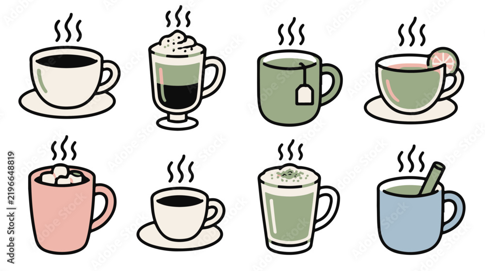 Obraz premium Set of Eight Hand Drawn Style Steaming Hot Beverage Cups and Mugs Vector Illustrations