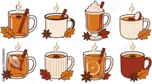 Set of Eight Hot Cider and Spice Drinks in Various Mugs with Fall Leaves and Star Anise