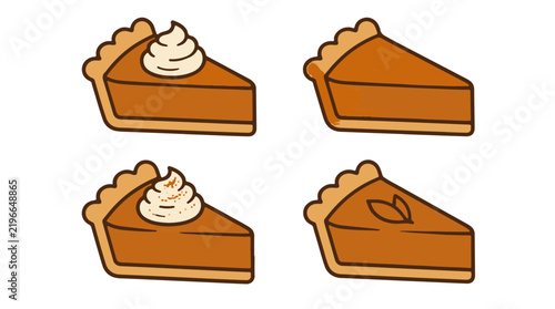 Set of Four Vector Pumpkin Pie Slices with Whipped Cream and Crust Details