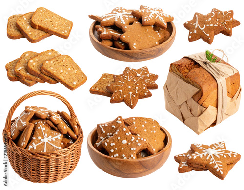 Gingerbread Cookies Assortment on Transparent Background Including Stars in Wooden Bowls with Baked Bread in a Basket and a Wrapped Loaf of Bread