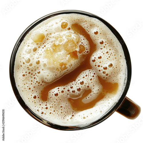 Top Down View Of Freshly Poured Beer In Glass Mug With Golden Bubbles and Transparent Background