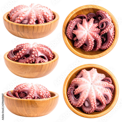 Cooked Octopus Portrayed in Wooden Bowls against Transparent Background Showing Diverse Angles