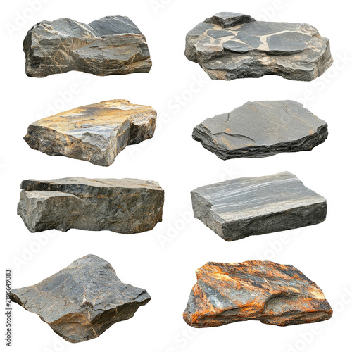 Assortment Of Flat Rocks With Varied Textures Displayed Against A Transparent Background Emphasizing Natural Detail And Rugged Surfaces