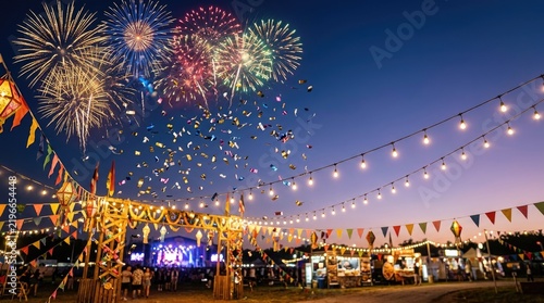 Fireworks explode in the night sky above a lively outdoor festival. Colorful lights and bunting decorate a wooden stage, while string lights illuminate food stalls and a crowd of people.