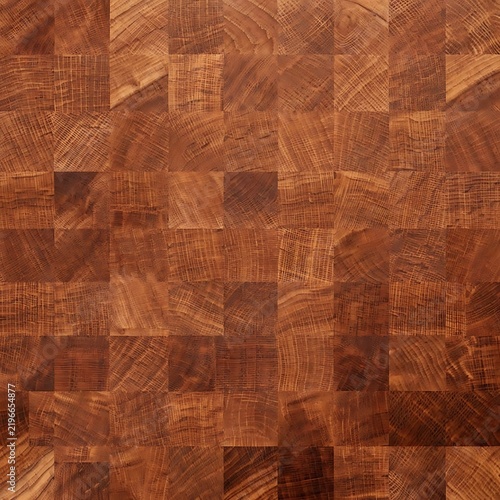 End grain oak wood block pattern with natural brown timber texture and square mosaic construction