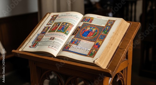 A wooden lectern supports an open, illuminated medieval music book. The book displays intricate illustrations and musical notation.