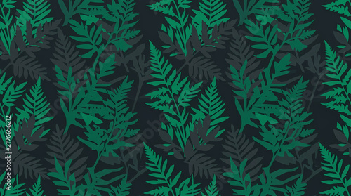 Seamless pattern with dark green and grey fern leaves on black background, tropical botanical vector illustration