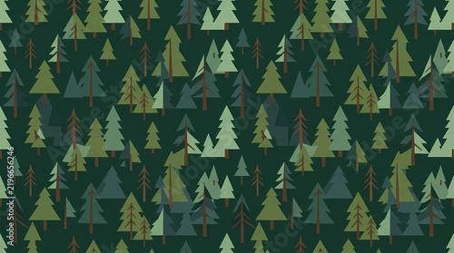 A charming seamless pattern featuring a dense forest of stylized evergreen pine and fir trees in varying shades of green, perfect for backgrounds, textiles, and festive designs