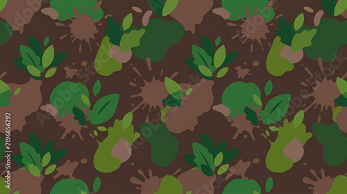 Seamless military camouflage pattern with green leaves and abstract brown paint splatters background vector illustration