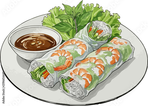 Vietnamese Goi Cuon Water Color Illustration