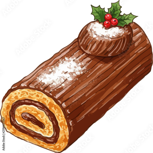 Yule Log Cake Water Color Illustration