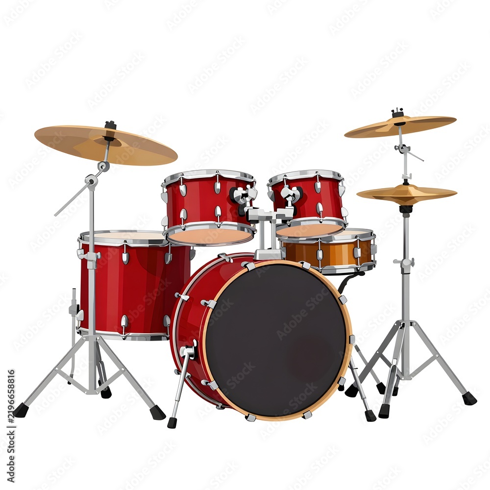 Fototapeta premium A professional red drum kit isolated on a white background for musical performances.
