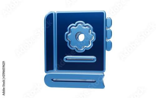 Glossy blue 3D settings book icon representing configuration manual and system documentation isolated on transparent background