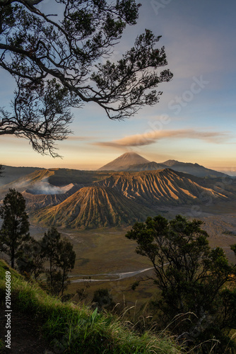 Spectacular view of the volcanic complex in Bromo Tengger Semeru National Park at dawn located in East Java of Indonesia seen from viewpoint on Kingkong hill.