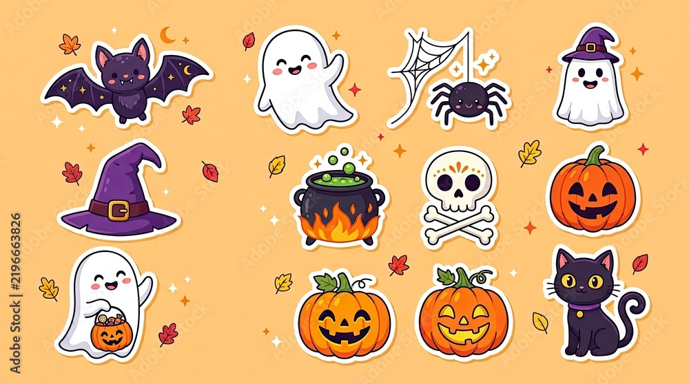 Fototapeta premium A delightful collection of classic halloween imagery featuring spooky ghosts bats pumpkins and a black cat perfect for festive decorations