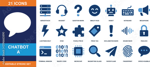 Chatbot icon set vector graphic with speech bubble and technology symbols for customer service