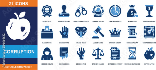 Corruption vector icon set featuring broken scales stained hands money bag and legal fraud symbols for anti corruption awareness and ethics campaigns