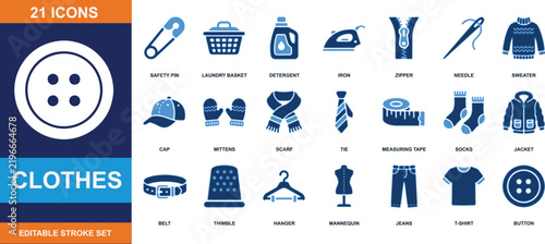 Set of blue and white clothes icons including buttons safety pin and laundry basket vector illustration