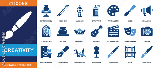 Creativity icon set vector graphic highlighting artistic tools and inspiration