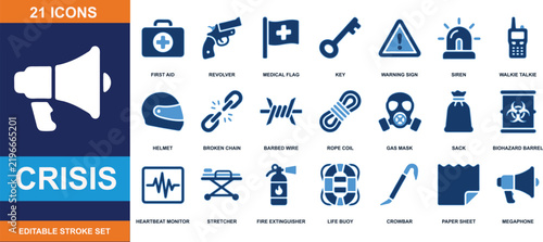 Crisis response icon set vector illustration displaying medical and emergency tools