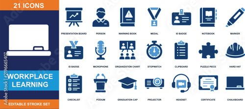 Workplace learning icons vector set featuring education training and professional development symbols