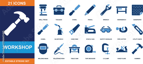 Workshop tools icon set collection vector illustration featuring various carpentry and construction equipment with blue theme