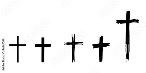 Series of five crosses in varying styles and thicknesses, arranged horizontally against a plain white background. The crosses transition from a thin, faint outline to a bold, thick, and textured br...