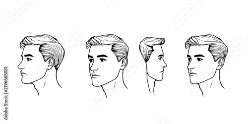 Male faces set with five clean minimalist line drawings from multiple angles featuring profiles, three-quarter view, front view with short hair and neutral expression