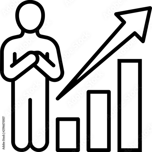 Outline vector icon of a person standing beside a rising bar chart representing personal growth and career success