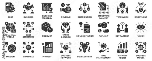 Business Concept icon set collection in solid black style, an icon pack contain business, strategy, marketing, finance, structure, innovation, revenue, product, distribution. Vector Illustration.