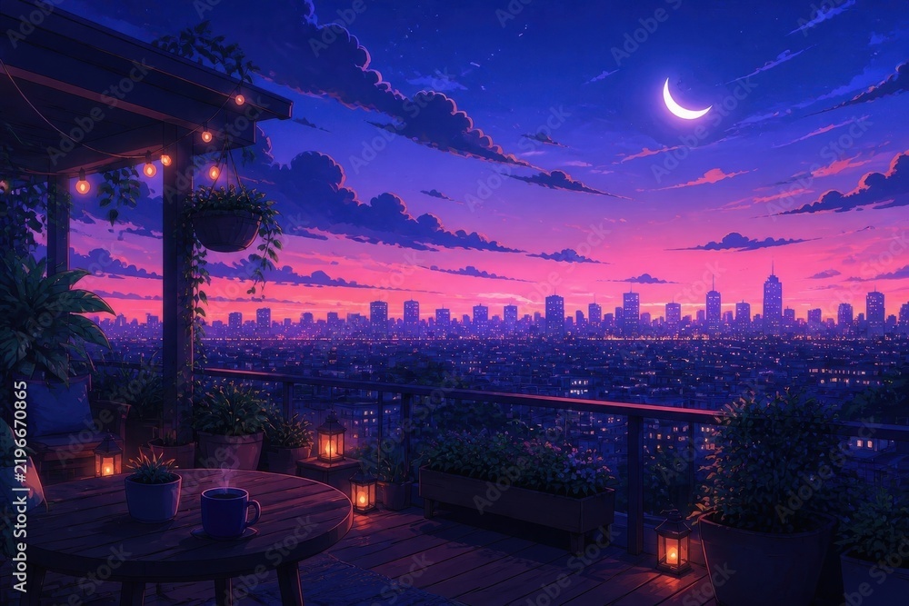 Obraz premium Moonlit rooftop terrace overlooking vibrant city skyline at dusk