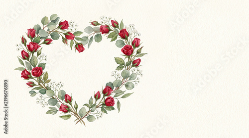 Hand painted watercolor wreath of red roses and eucalyptus leaves forming a heart shape.