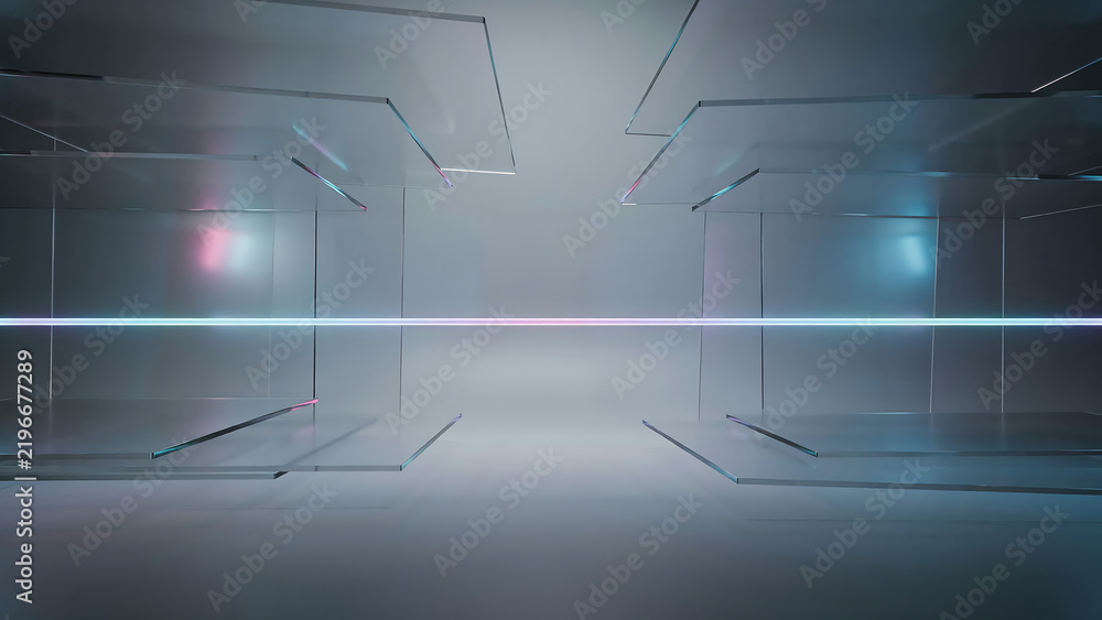 Obraz premium A futuristic empty hall with minimalist architecture and glowing neon lights creating a clean sci fi aesthetic perfect for modern technology product displays and backgrounds