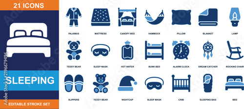 Bild auf Leinwand Sleeping and bedtime vector icon set featuring bedroom furniture and rest access