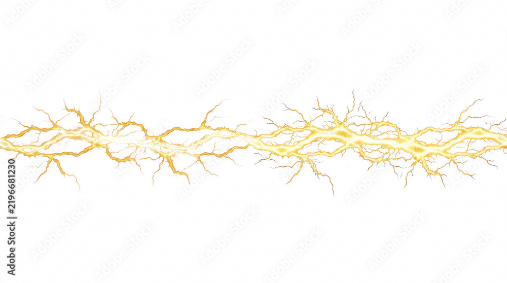 Fototapeta premium Energetic bright yellow lightning strike during a storm concept isolated on transparent background