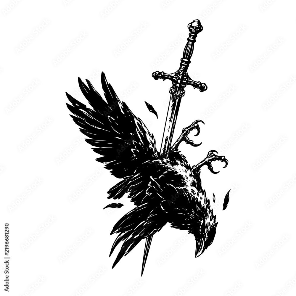 Obraz premium Dark Fantasy Raven and Decorative Sword Engraving Artwork