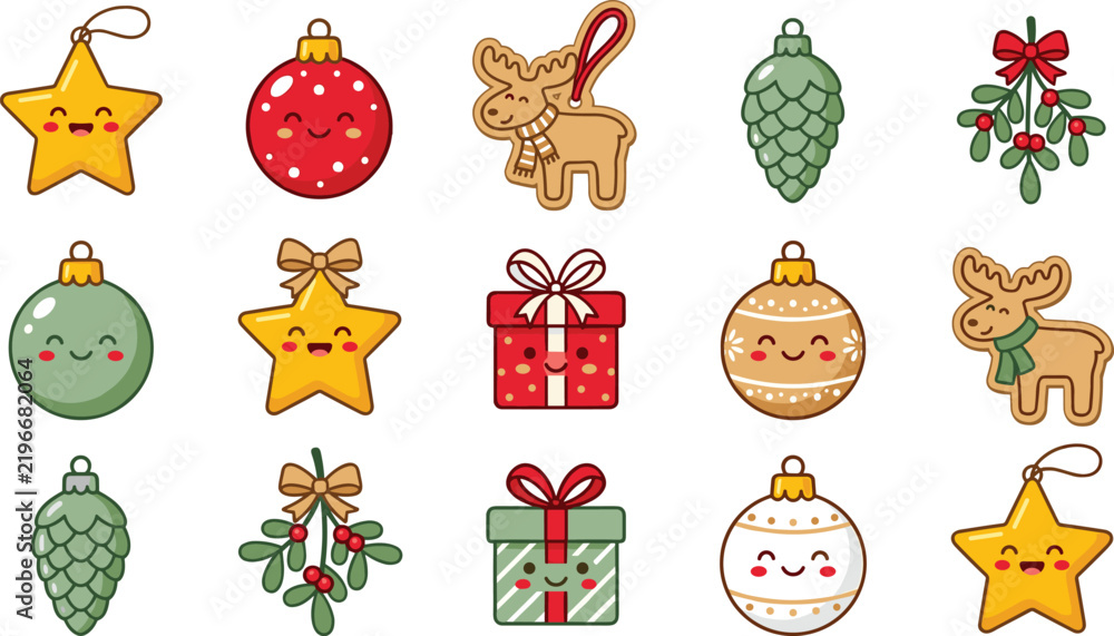 Fototapeta premium Cute Kawaii Christmas Ornament Icon Set with Smiling Bauble Star Gift Box Pinecone Gingerbread Moose and Mistletoe for Holiday Cards